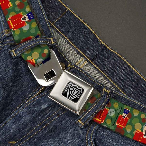 Buckle-Down BD Wings Logo CLOSE-UP Full Color Black Silver Seatbelt Belt - Christmas Nutcracker/Polka Dots Greens/Gold/Red Webbing