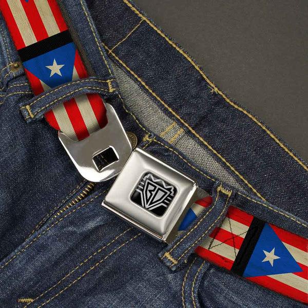 Buckle-Down BD Wings Logo CLOSE-UP Full Color Black Silver Seatbelt Belt - Puerto Rico Flag Weathered Webbing