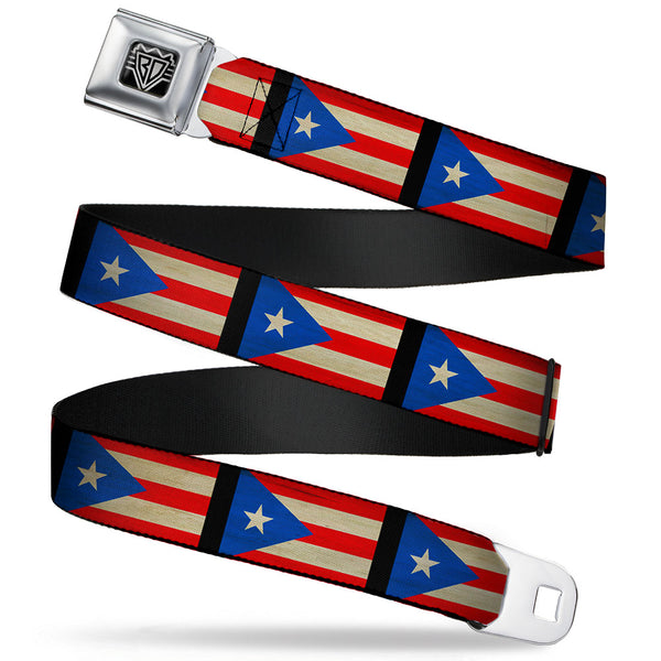 Buckle-Down BD Wings Logo CLOSE-UP Full Color Black Silver Seatbelt Belt - Puerto Rico Flag Weathered Webbing