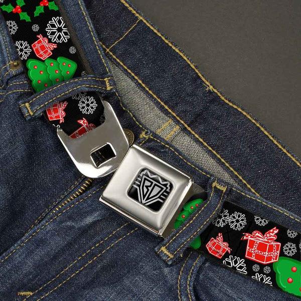 Buckle-Down BD Wings Logo CLOSE-UP Full Color Black Silver Seatbelt Belt - Christmas Collage Black/White/Green/Red Webbing