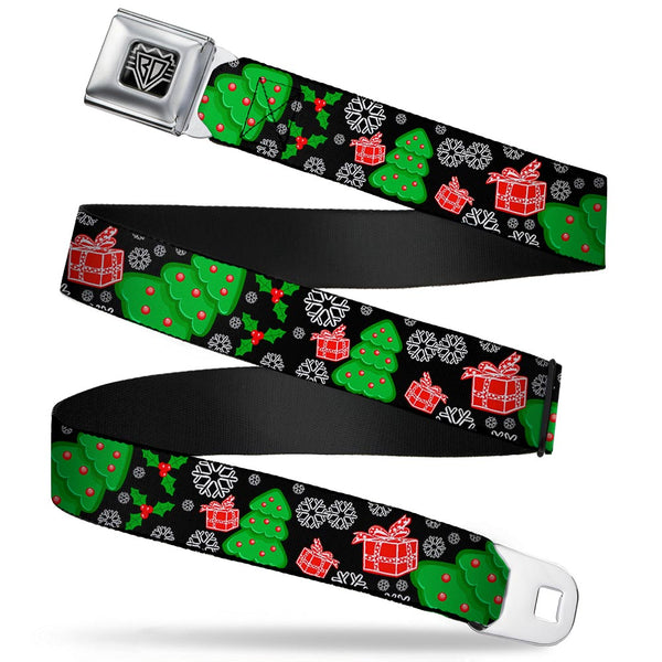 Buckle-Down BD Wings Logo CLOSE-UP Full Color Black Silver Seatbelt Belt - Christmas Collage Black/White/Green/Red Webbing