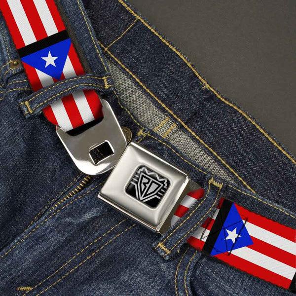 Buckle-Down BD Wings Logo CLOSE-UP Full Color Black Silver Seatbelt Belt - Puerto Rico Flag Repeat/Black Webbing