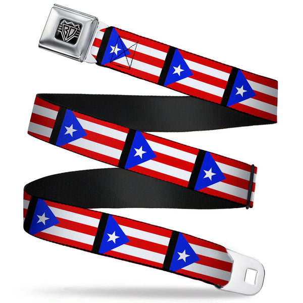 Buckle-Down BD Wings Logo CLOSE-UP Full Color Black Silver Seatbelt Belt - Puerto Rico Flag Repeat/Black Webbing