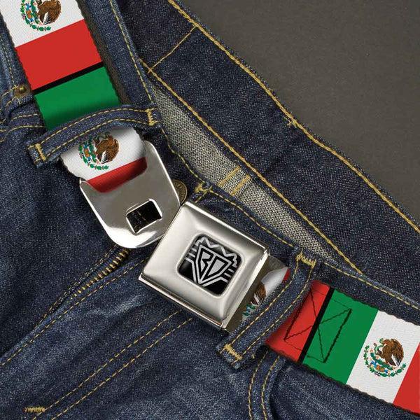 Buckle-Down BD Wings Logo CLOSE-UP Full Color Black Silver Seatbelt Belt - Mexico Flags Webbing