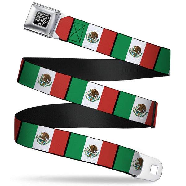Buckle-Down BD Wings Logo CLOSE-UP Full Color Black Silver Seatbelt Belt - Mexico Flags Webbing