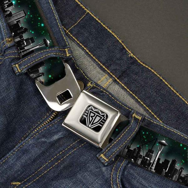 Buckle-Down BD Wings Logo CLOSE-UP Full Color Black Silver Seatbelt Belt - Seattle Vivid Skyline/Space Dust Webbing
