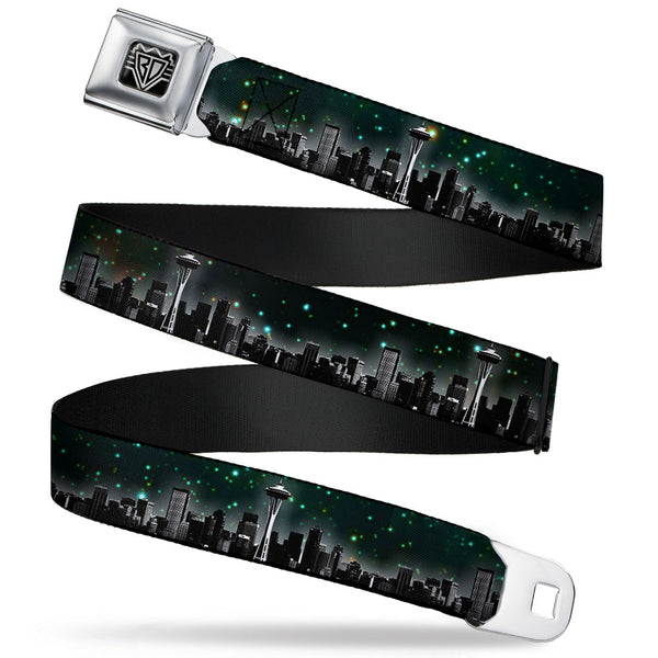 Buckle-Down BD Wings Logo CLOSE-UP Full Color Black Silver Seatbelt Belt - Seattle Vivid Skyline/Space Dust Webbing