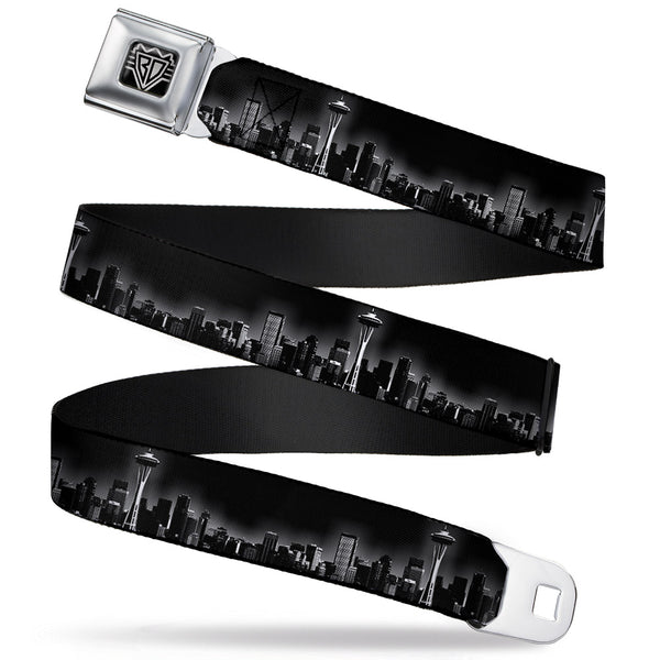 Buckle-Down BD Wings Logo CLOSE-UP Full Color Black Silver Seatbelt Belt - Seattle Vivid Skyline Black/White Webbing