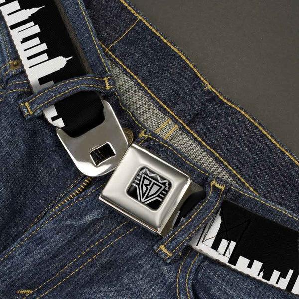 Buckle-Down BD Wings Logo CLOSE-UP Full Color Black Silver Seatbelt Belt - New York Solid Skyline Black/White Webbing