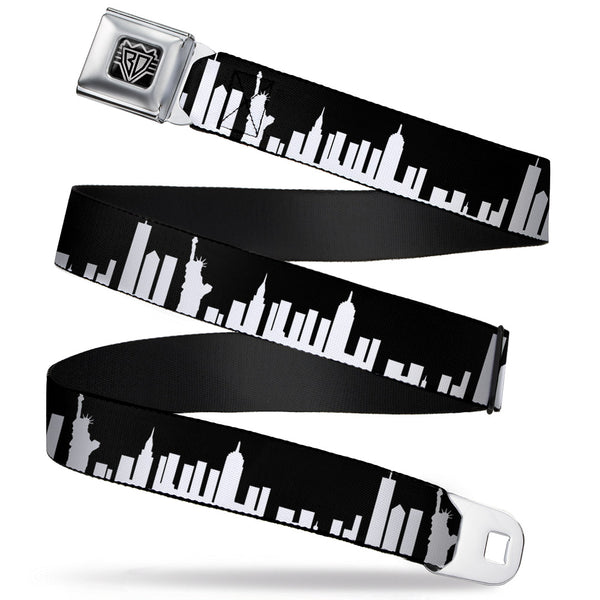 Buckle-Down BD Wings Logo CLOSE-UP Full Color Black Silver Seatbelt Belt - New York Solid Skyline Black/White Webbing