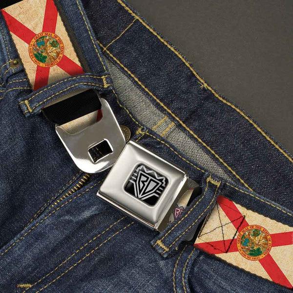 Buckle-Down BD Wings Logo CLOSE-UP Full Color Black Silver Seatbelt Belt - Florida Flags/Black Webbing