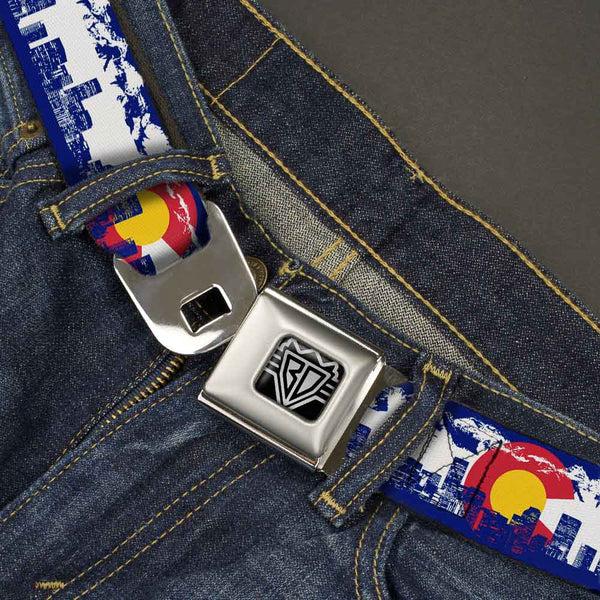 Buckle-Down BD Wings Logo CLOSE-UP Full Color Black Silver Seatbelt Belt - Colorado Skyline/Mountains Webbing