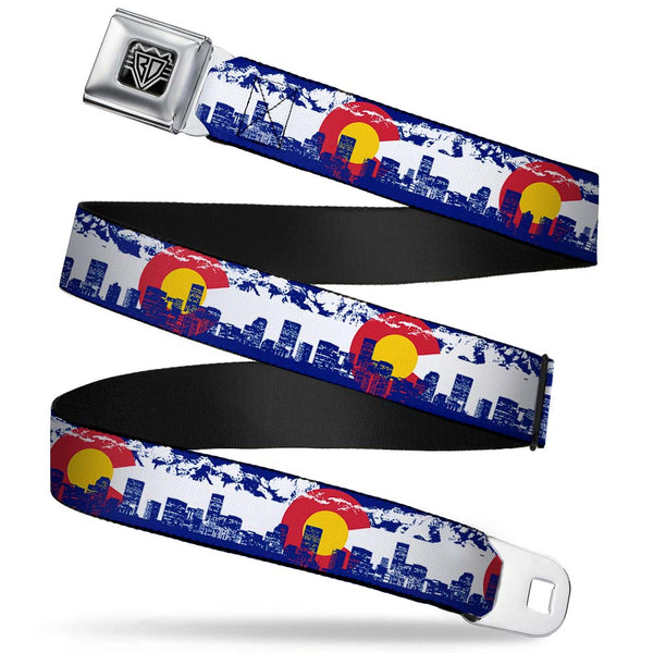 Buckle-Down BD Wings Logo CLOSE-UP Full Color Black Silver Seatbelt Belt - Colorado Skyline/Mountains Webbing