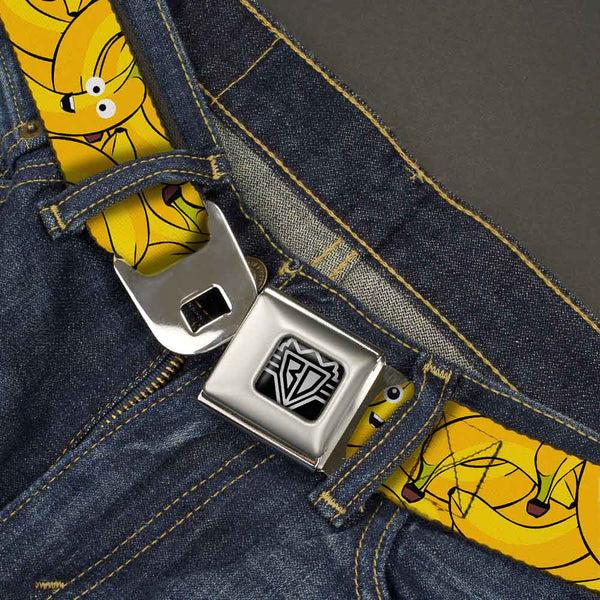 Buckle-Down BD Wings Logo CLOSE-UP Full Color Black Silver Seatbelt Belt - Bananas Stacked Cartoon Yellows Webbing