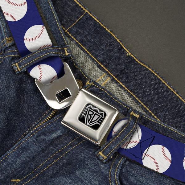 Buckle-Down BD Wings Logo CLOSE-UP Full Color Black Silver Seatbelt Belt - Baseballs Scattered Blue Webbing