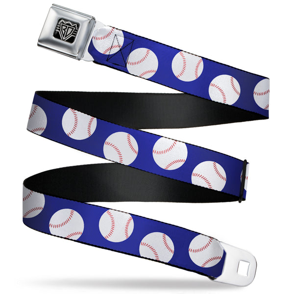 Buckle-Down BD Wings Logo CLOSE-UP Full Color Black Silver Seatbelt Belt - Baseballs Scattered Blue Webbing