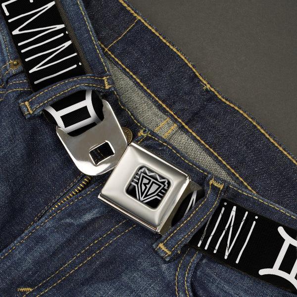 Buckle-Down BD Wings Logo CLOSE-UP Full Color Black Silver Seatbelt Belt - Zodiac GEMINI/Symbol Black/White Webbing