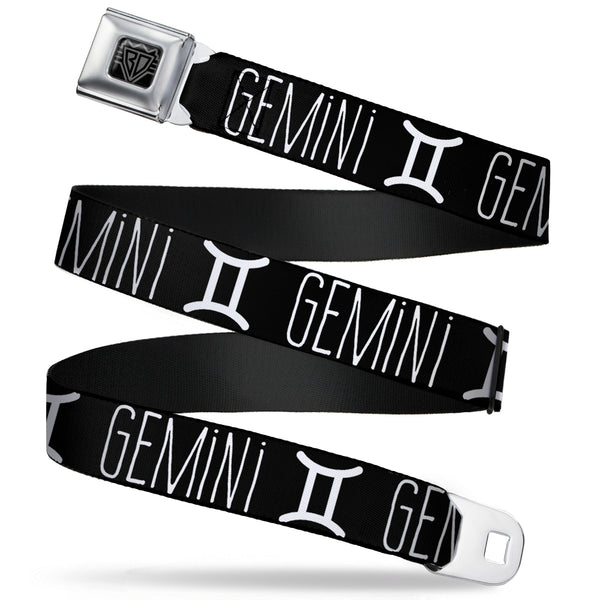 Buckle-Down BD Wings Logo CLOSE-UP Full Color Black Silver Seatbelt Belt - Zodiac GEMINI/Symbol Black/White Webbing