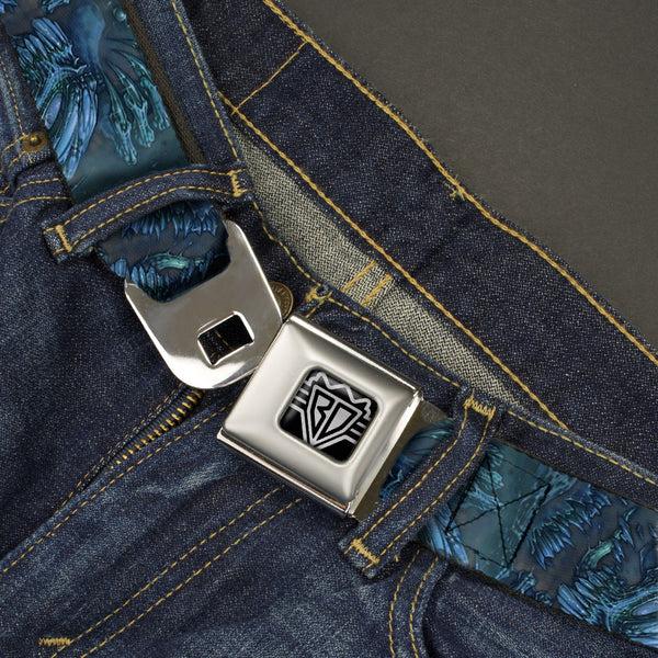 Buckle-Down BD Wings Logo CLOSE-UP Full Color Black Silver Seatbelt Belt - TJ-Brutal Blue Webbing