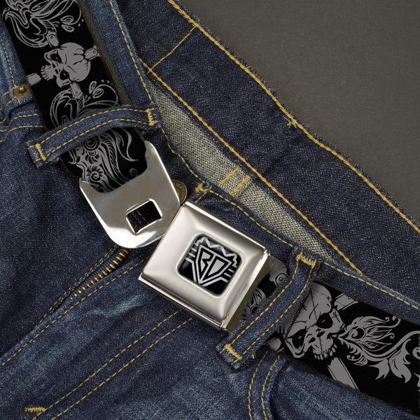 Buckle-Down BD Wings Logo CLOSE-UP Full Color Black Silver Seatbelt Belt - Skull & Dagger W/Filigree Black/Gray Webbing