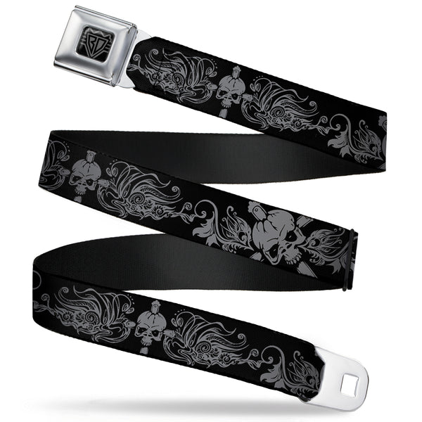 Buckle-Down BD Wings Logo CLOSE-UP Full Color Black Silver Seatbelt Belt - Skull & Dagger w/Filigree Black/Gray Webbing