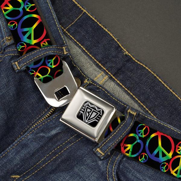 Buckle-Down BD Wings Logo CLOSE-UP Full Color Black Silver Seatbelt Belt - Peace Heart Black/Rainbow Ombre Webbing