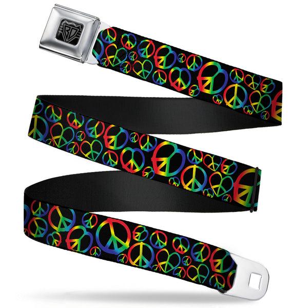 Buckle-Down BD Wings Logo CLOSE-UP Full Color Black Silver Seatbelt Belt - Peace Heart Black/Rainbow Ombre Webbing