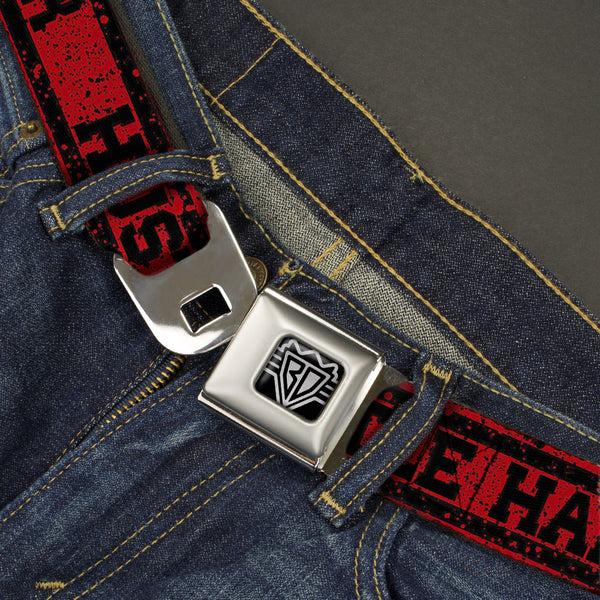 Buckle-Down BD Wings Logo CLOSE-UP Full Color Black Silver Seatbelt Belt - HUSTLE HARDER/Stripes Weathered Red/Black Webbing