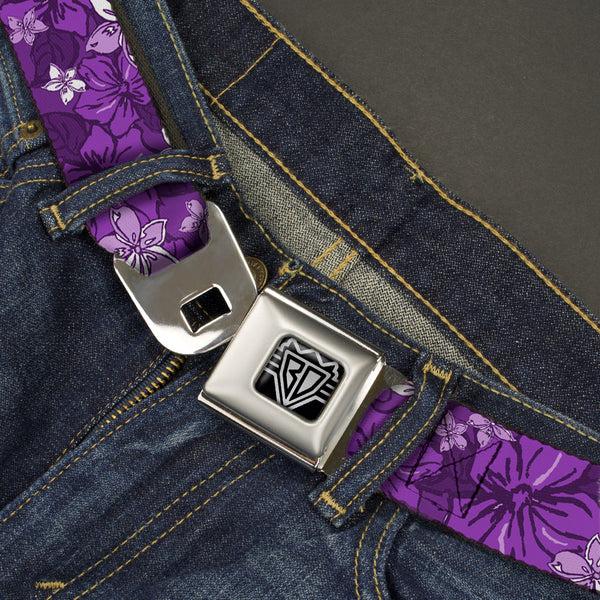 Buckle-Down BD Wings Logo CLOSE-UP Full Color Black Silver Seatbelt Belt - Hibiscus Collage Purple Shades Webbing