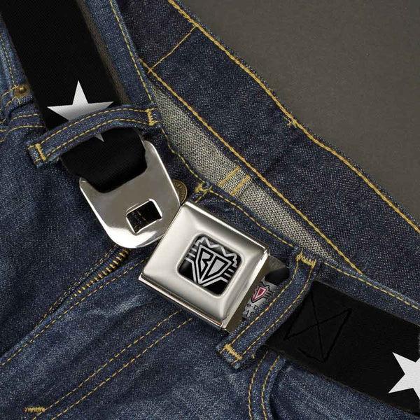 Buckle-Down BD Wings Logo CLOSE-UP Full Color Black Silver Seatbelt Belt - Star Black/White Webbing