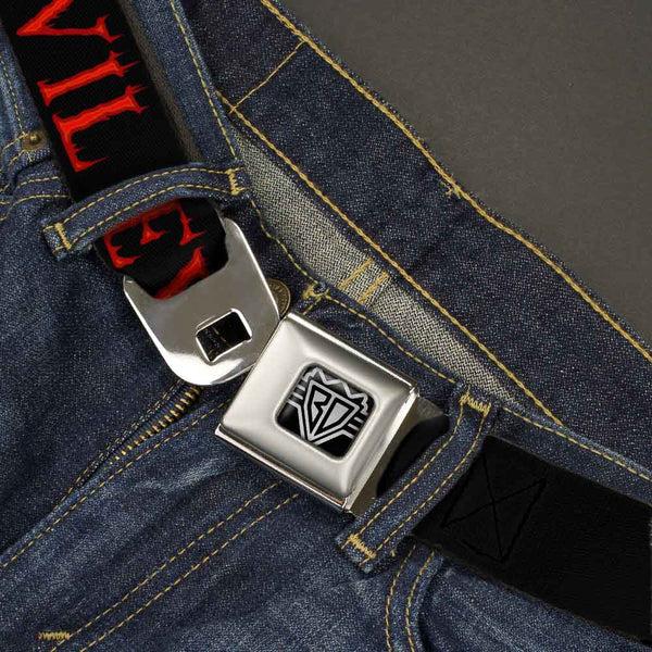 Buckle-Down BD Wings Logo CLOSE-UP Full Color Black Silver Seatbelt Belt - Flaming EVIL Black/Red Webbing