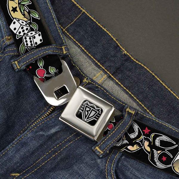 Buckle-Down BD Wings Logo CLOSE-UP Full Color Black Silver Seatbelt Belt - Lucky Black Webbing