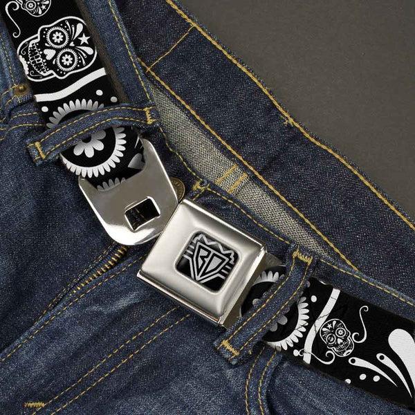 Buckle-Down BD Wings Logo CLOSE-UP Full Color Black Silver Seatbelt Belt - Sugar Skulls Black/White Webbing