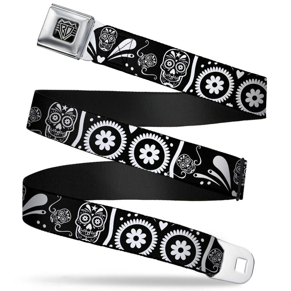 Buckle-Down BD Wings Logo CLOSE-UP Full Color Black Silver Seatbelt Belt - Sugar Skulls Black/White Webbing