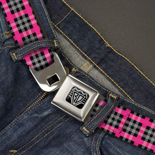 Buckle-Down BD Wings Logo CLOSE-UP Full Color Black Silver Seatbelt Belt - Plaid Black/Gray/Fuchsia Webbing