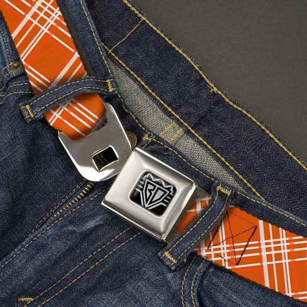 Buckle-Down BD Wings Logo CLOSE-UP Full Color Black Silver Seatbelt Belt - Plaid X4 Oranges/White Webbing