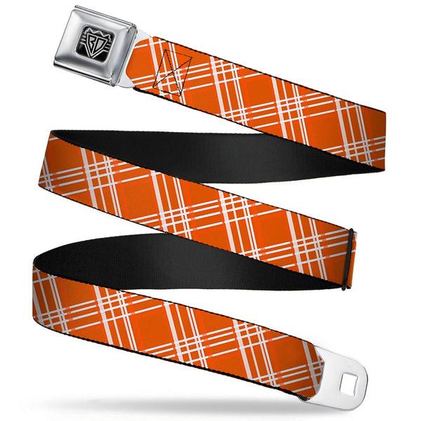 Buckle-Down BD Wings Logo CLOSE-UP Full Color Black Silver Seatbelt Belt - Plaid X4 Oranges/White Webbing