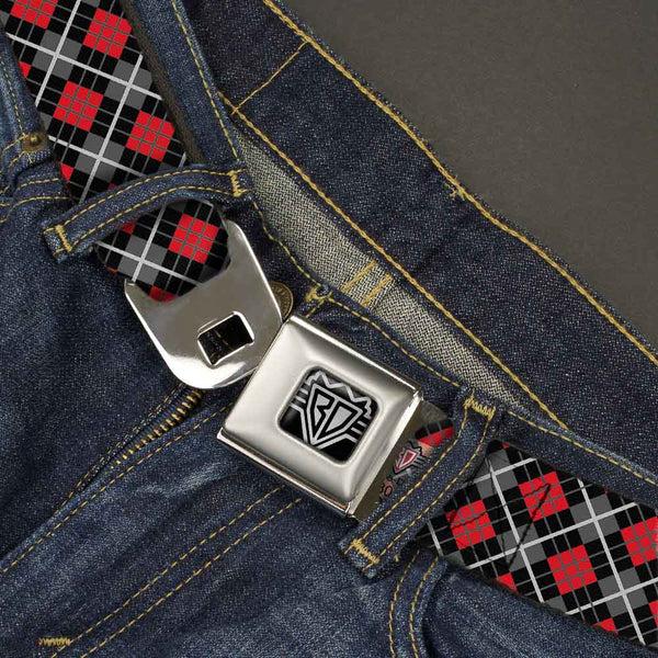 Buckle-Down BD Wings Logo CLOSE-UP Full Color Black Silver Seatbelt Belt - Argyle Black/Gray/Red Webbing