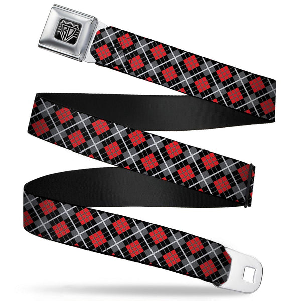 Buckle-Down BD Wings Logo CLOSE-UP Full Color Black Silver Seatbelt Belt - Argyle Black/Gray/Red Webbing