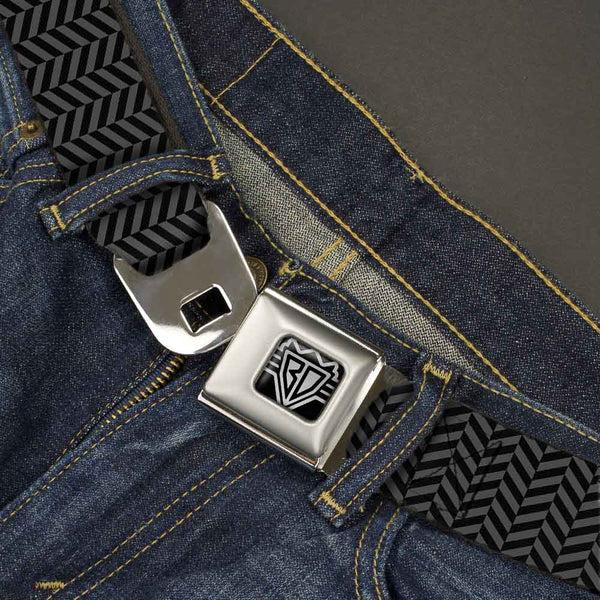 Buckle-Down BD Wings Logo CLOSE-UP Full Color Black Silver Seatbelt Belt - Herringbone Black/Gray Webbing