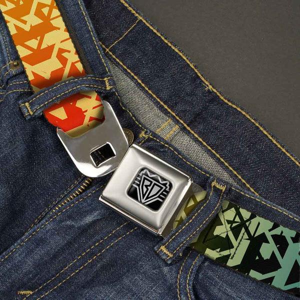 Buckle-Down BD Wings Logo CLOSE-UP Full Color Black Silver Seatbelt Belt - Geometric Transition Blues/Reds/Orange/Yellows Webbing