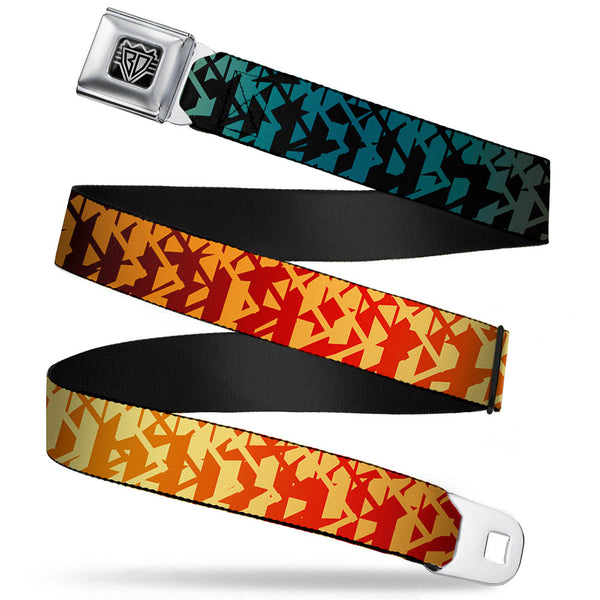 Buckle-Down BD Wings Logo CLOSE-UP Full Color Black Silver Seatbelt Belt - Geometric Transition Blues/Reds/Orange/Yellows Webbing