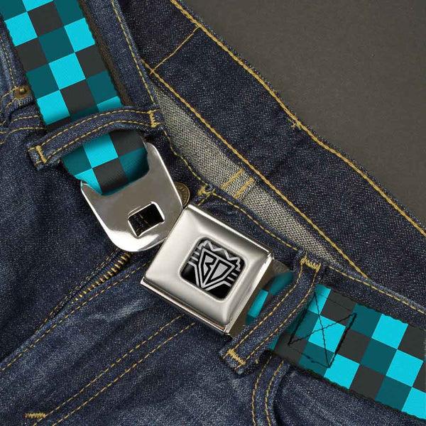Buckle-Down BD Wings Logo CLOSE-UP Full Color Black Silver Seatbelt Belt - Checker Trio Baby Blue/Black/Turquoise Webbing