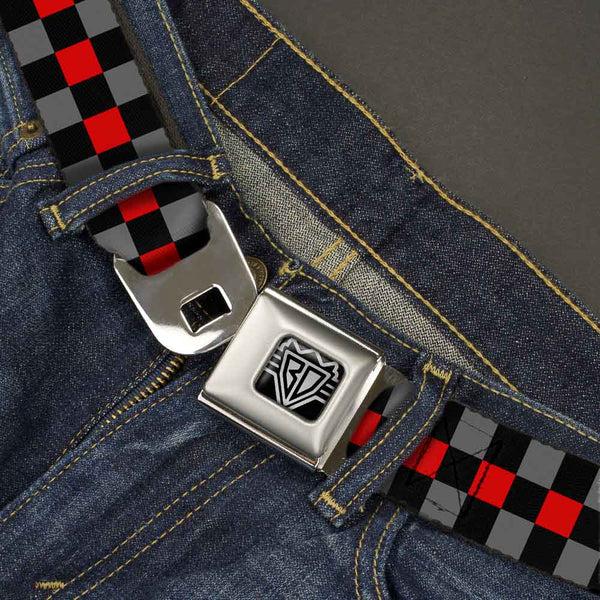 Buckle-Down BD Wings Logo CLOSE-UP Full Color Black Silver Seatbelt Belt - Checker Black/Gray/1 Red Webbing