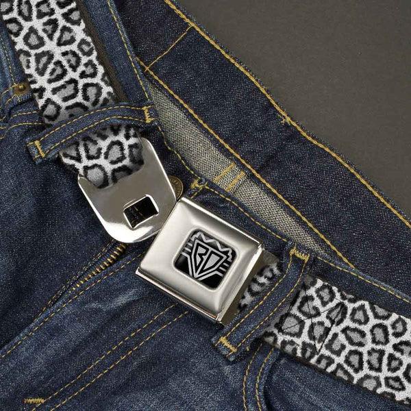 Buckle-Down BD Wings Logo CLOSE-UP Full Color Black Silver Seatbelt Belt - Leopard White Webbing
