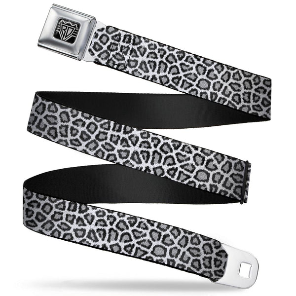 Buckle-Down BD Wings Logo CLOSE-UP Full Color Black Silver Seatbelt Belt - Leopard White Webbing