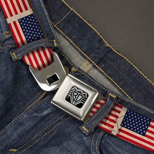 Buckle-Down BD Wings Logo CLOSE-UP Full Color Black Silver Seatbelt Belt - American Flag Weathered Color Repeat Webbing
