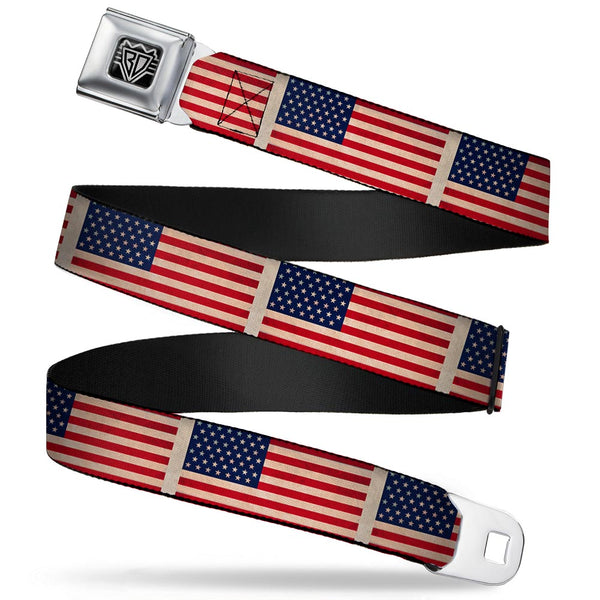Buckle-Down BD Wings Logo CLOSE-UP Full Color Black Silver Seatbelt Belt - American Flag Weathered Color Repeat Webbing