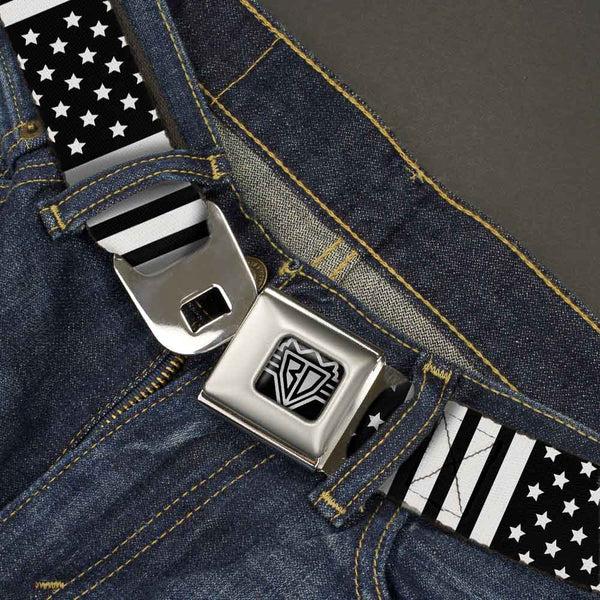 Buckle-Down BD Wings Logo CLOSE-UP Full Color Black Silver Seatbelt Belt - American Flag CLOSE-UP Black/White Webbing
