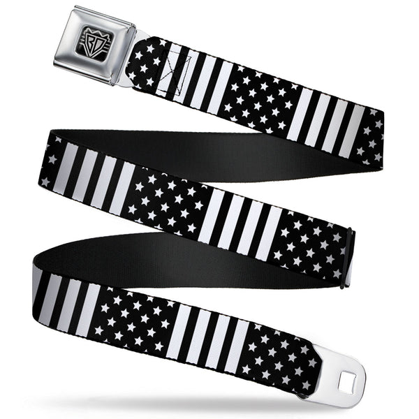 Buckle-Down BD Wings Logo CLOSE-UP Full Color Black Silver Seatbelt Belt - American Flag CLOSE-UP Black/White Webbing